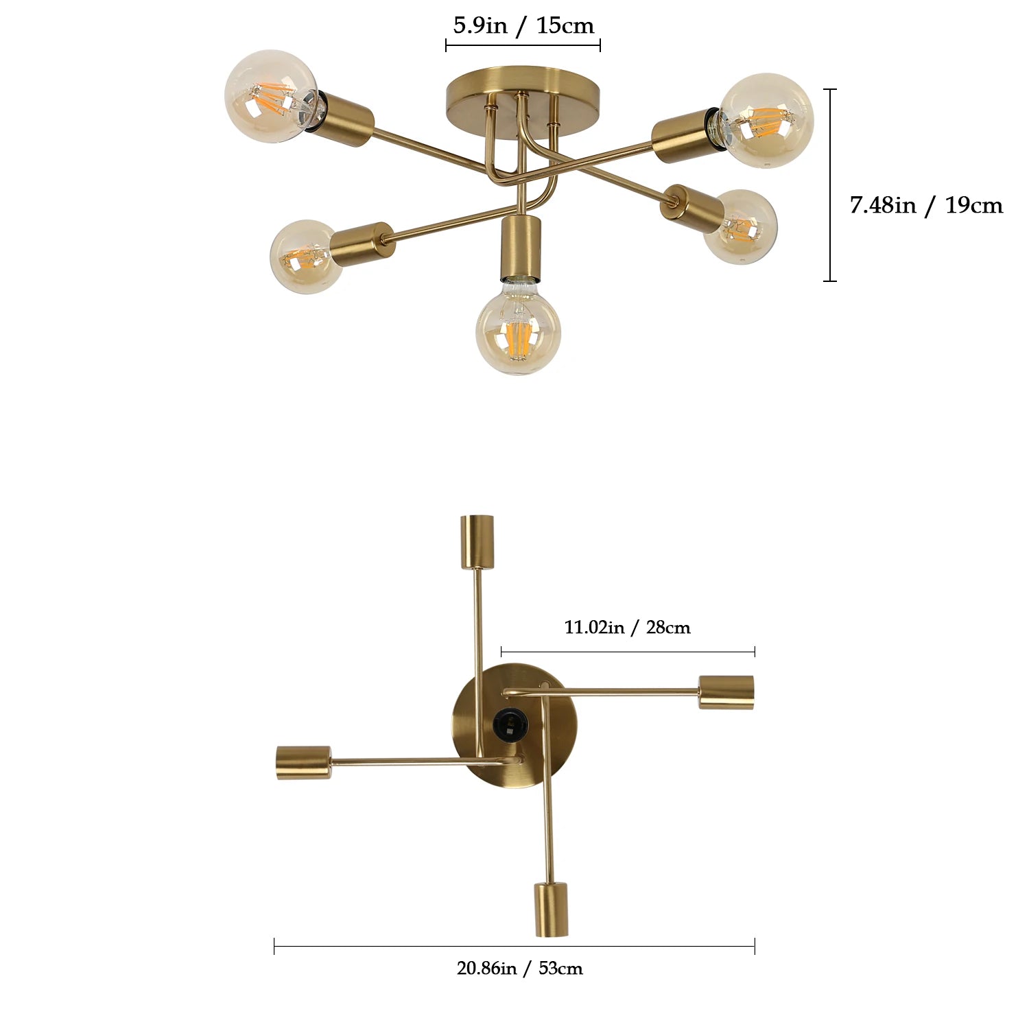 5-Lights Ceiling Light,Industrial Ceiling Lamp,Brass Chandeliers E27 Base for Bedroom,Living Room,Bar（Bulb not included）