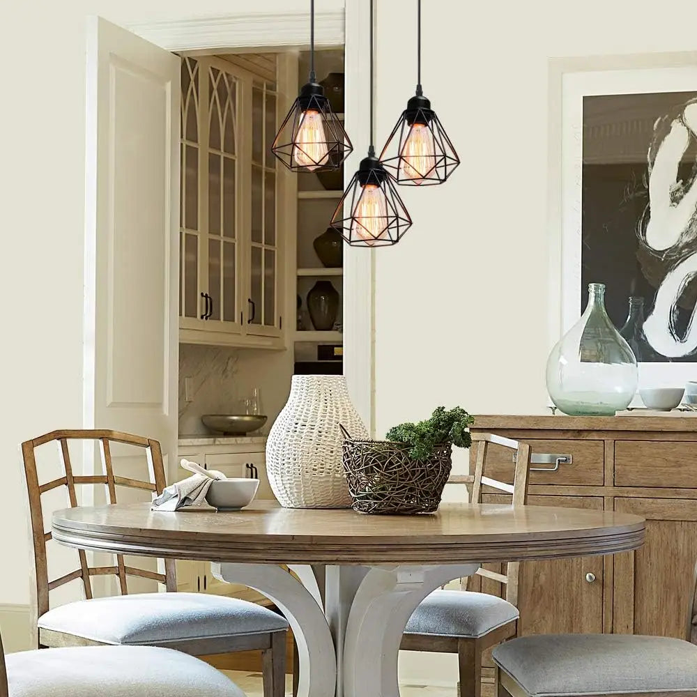 3 Head Ceiling Pendant Lights 20cm Black Wire Lampshade Diamond Cage Design E27 1m Adjustable Hanging Fixer（Bulb not included）