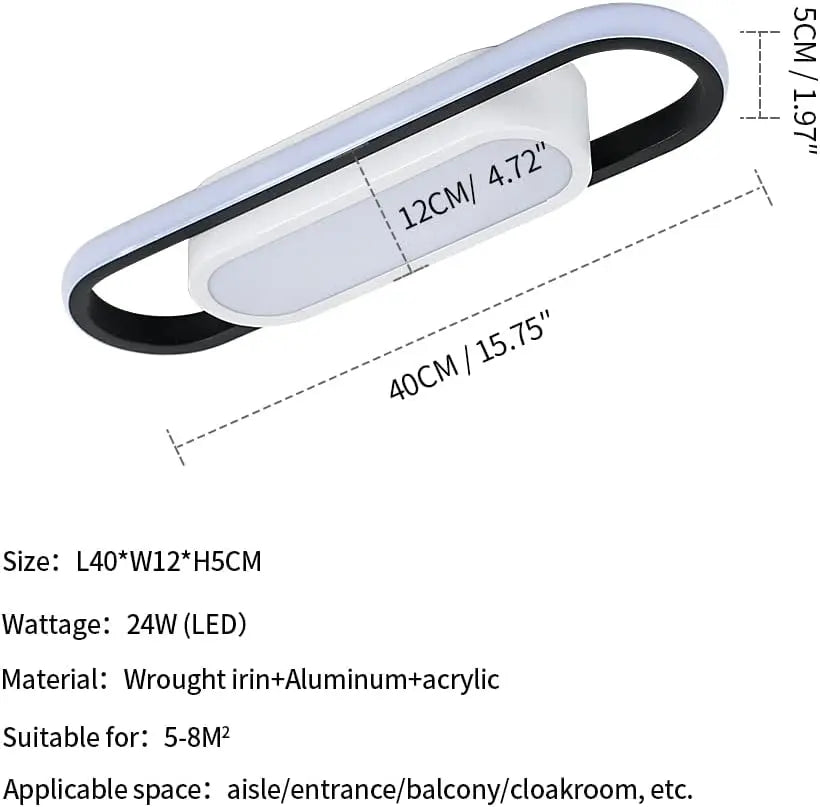 Modern LED Ceiling Light, 24W Non-dimmable Pure White Light Black White Long Oval Surface Mount Lamp for Hallway Bedroom,Cold White Light 6500K