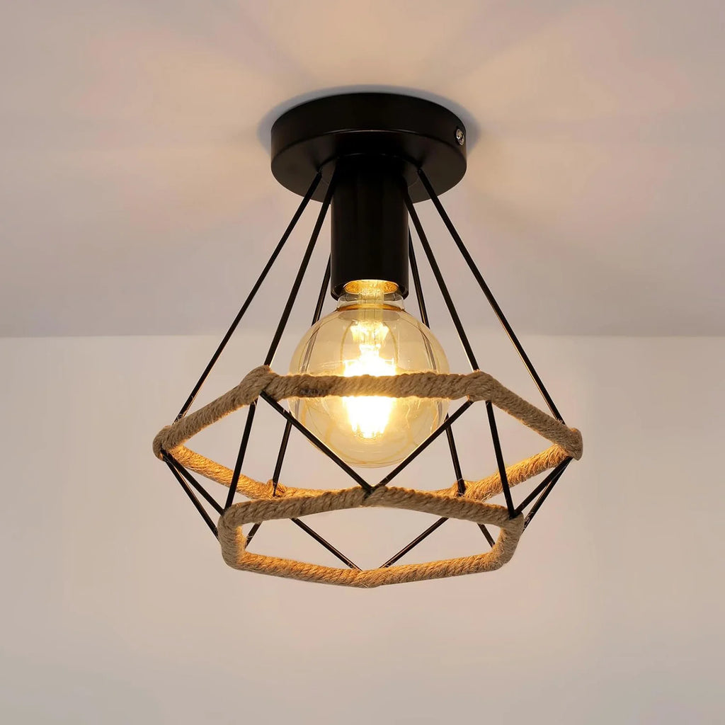 Hemp Rope Pendant Lamp,E27 Base Iron Cage Ceiling Hanging Light Retro Indoor Lighting Chandelier for Home（Bulb not included）