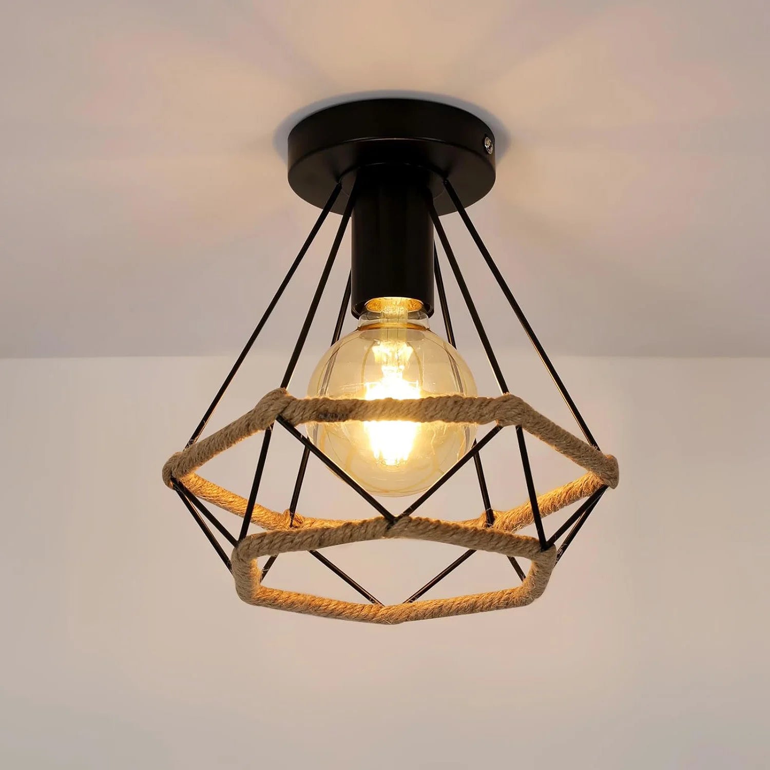 Hemp Rope Pendant Lamp,E27 Base Iron Cage Ceiling Hanging Light Retro Indoor Lighting Chandelier for Home（Bulb not included）