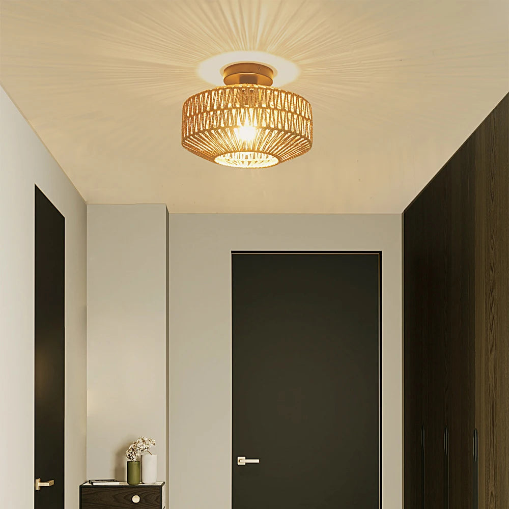 Rattan Chandeliers,Hand Woven Ceiling Lamp Flush Mount Ceiling Lights Vintage Lighting Fixtures E27 Lights（Bulb not included）