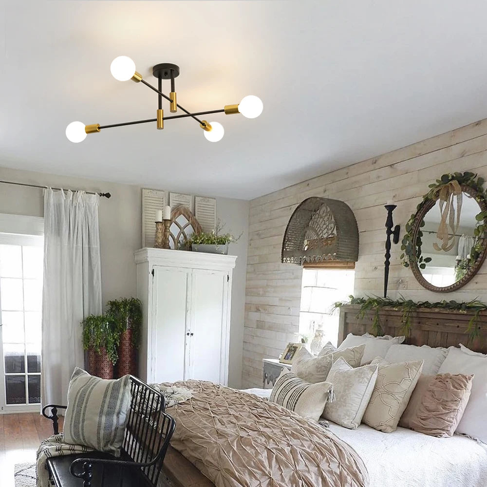 Ceiling Pendant Light, Industrial Semi built-in Ceiling 4 Lights Vintage Pendant Light E27 Black and gold Ceiling Light for Living Room Kitchen Bedroom Dining Room (Bulb Not Included)
