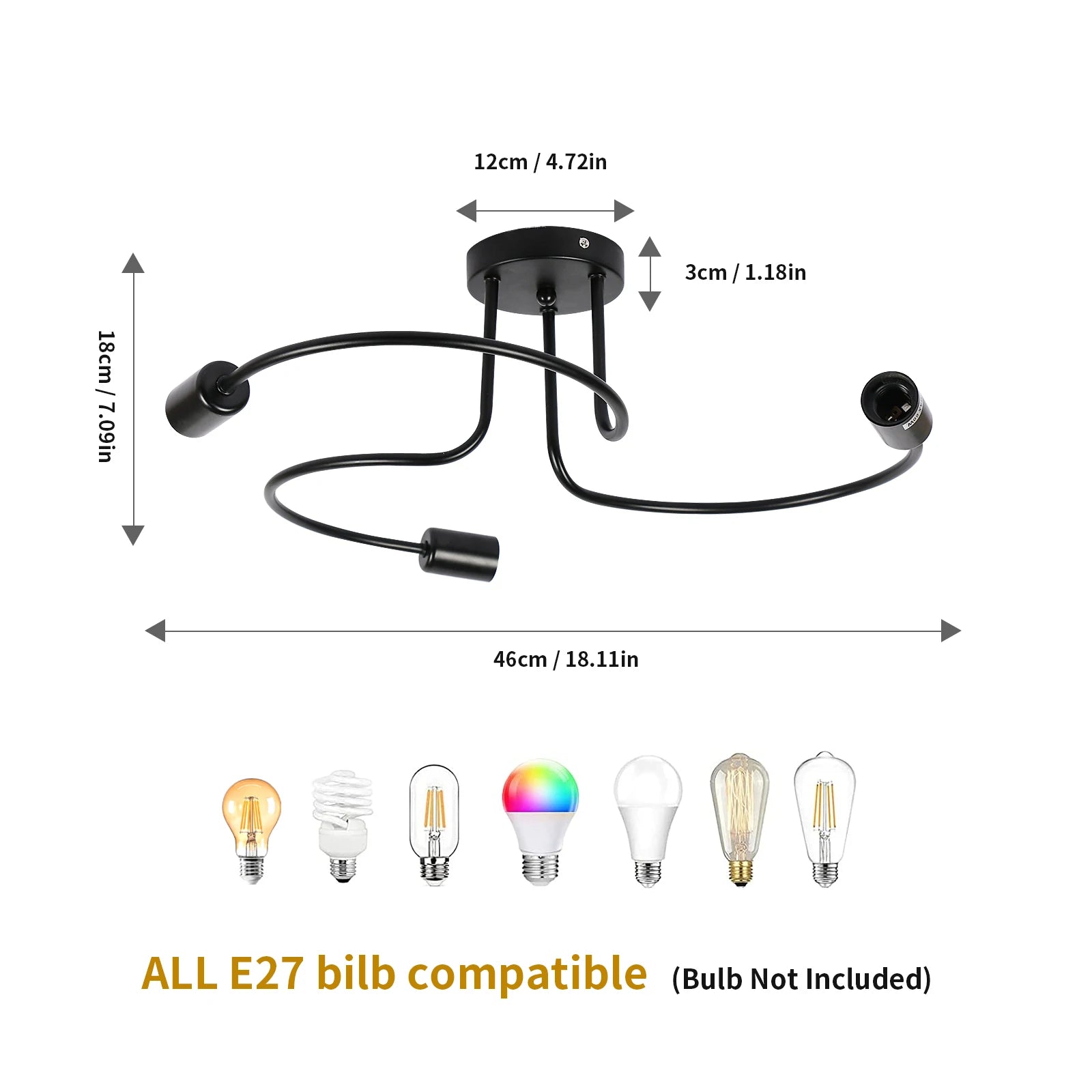 Industrial Ceiling Light,3 Way Semi-Flush Ceiling Light Metal E27 Base,Chandelier Fixture for Bedroom  (Bulbs not Included)