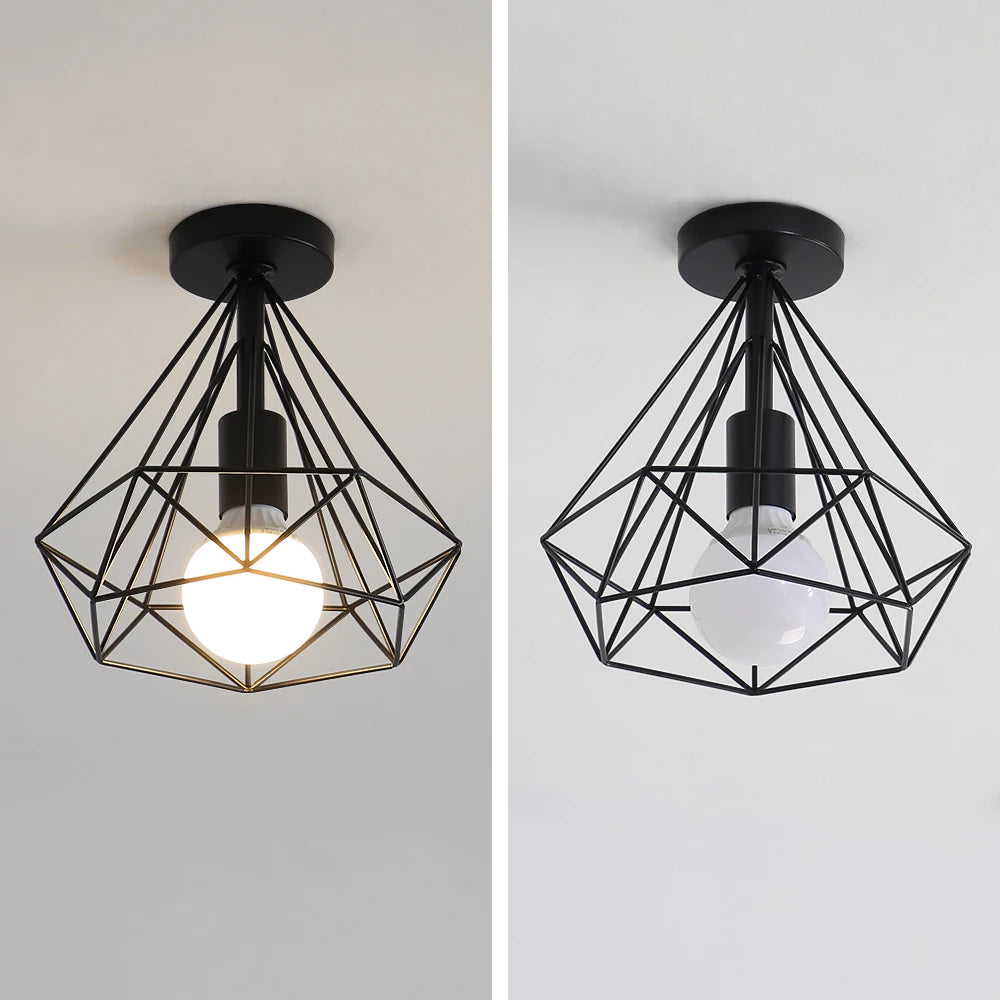 Semi Flush Mount Ceiling Light,Industrial E27 Base Diamond Cage Ceiling Light Fixtures for Hallway（Bulb not included）