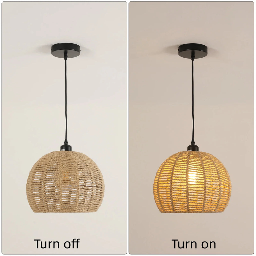Rattan Ceiling Lamp,Boho Vintage Hanging Ceiling Lamp,Hand Woven Paper Rope Shade E27 for Dining Room (Bulb Not Included)