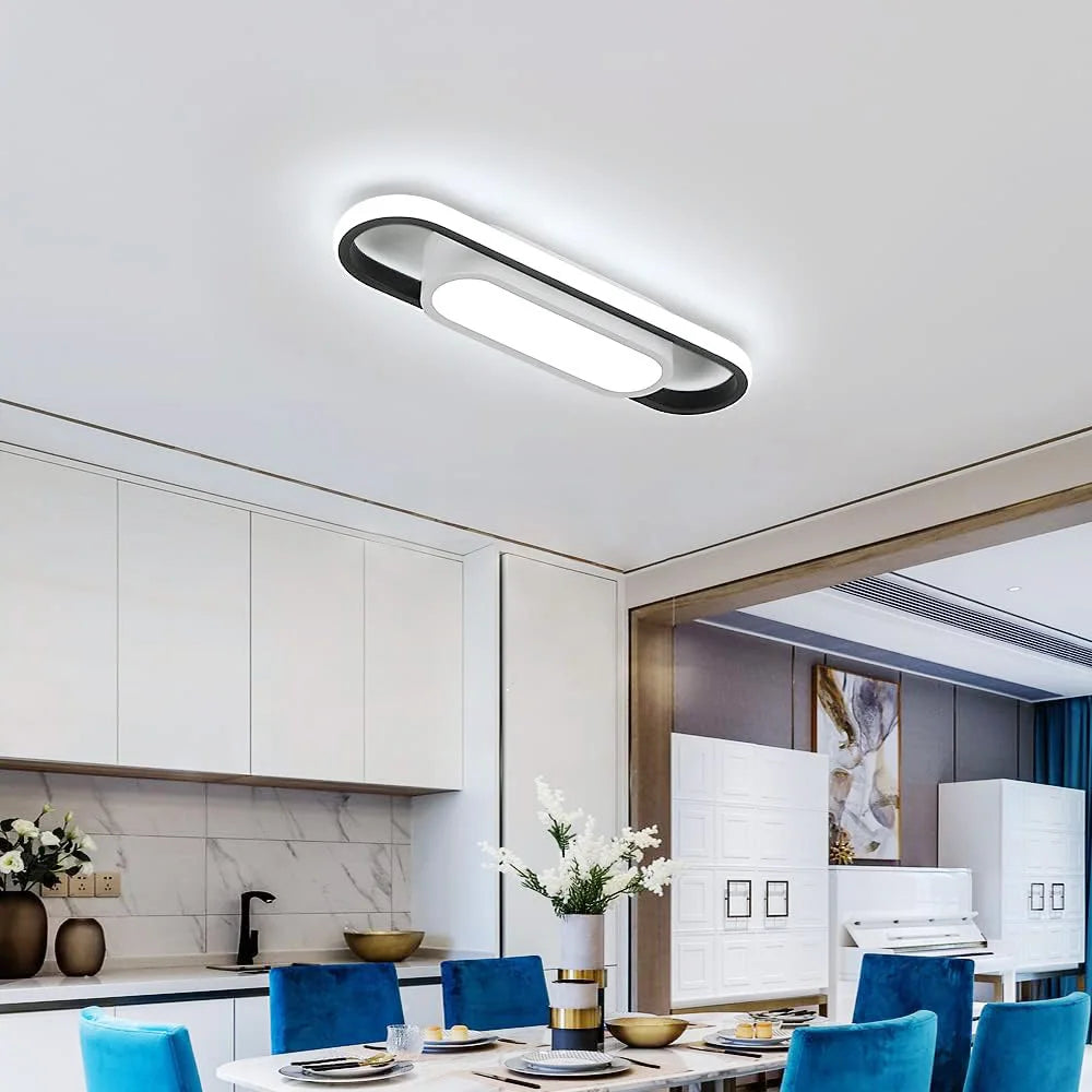 Modern LED Ceiling Light, 24W Non-dimmable Pure White Light Black White Long Oval Surface Mount Lamp for Hallway Bedroom,Cold White Light 6500K