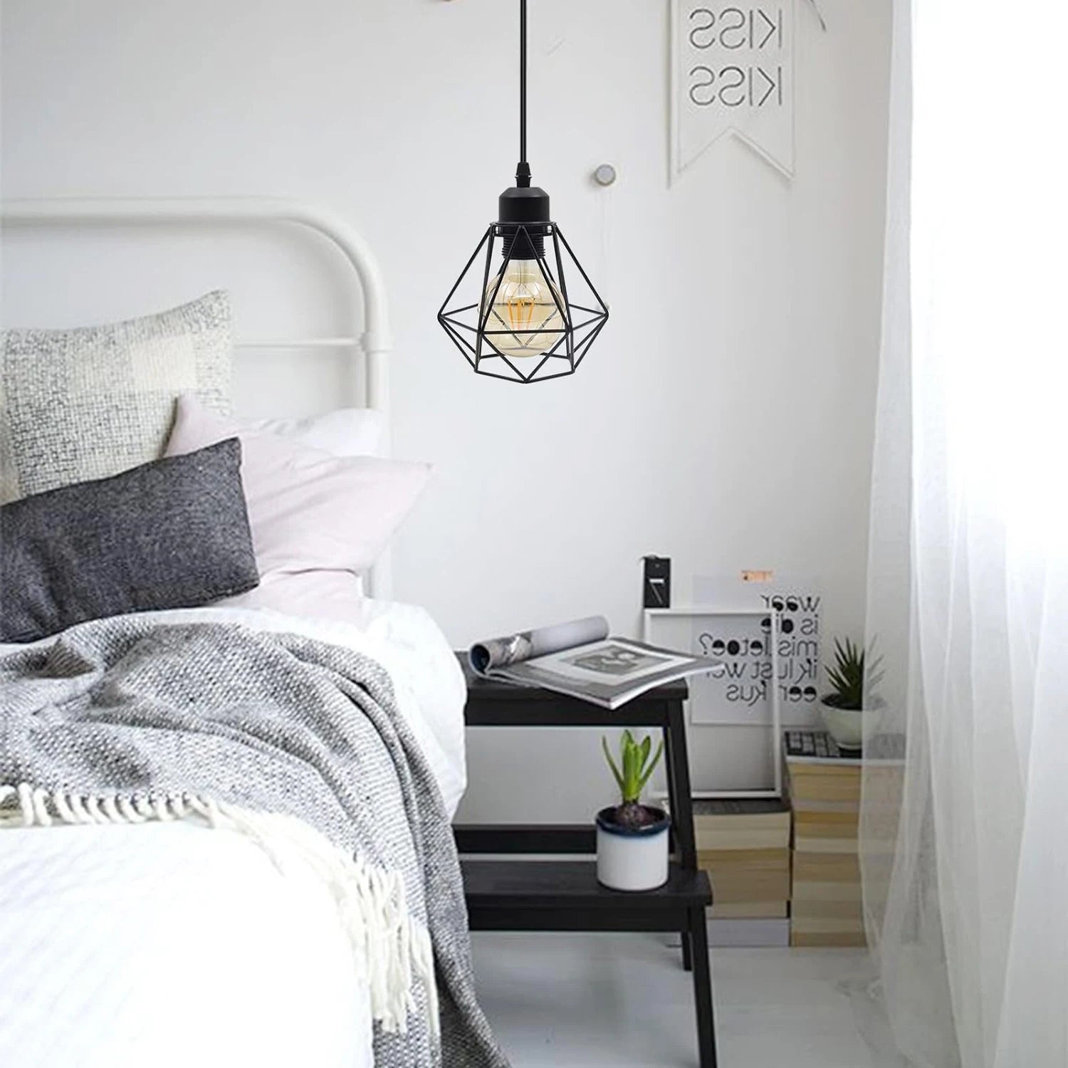 Industrial Pendant Light,E27 Vintage Metal Pendant Light Black Cage Lamp Retro Ceiling Light Shade（Bulb not included）