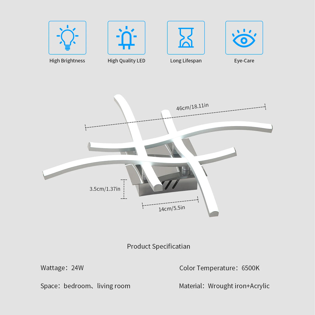 LED Ceiling Light,Curved Design Ceiling Lamp,24W 2700LM 4 Built-in Grey Light Strips,6500K Cool White Light for Bedroom