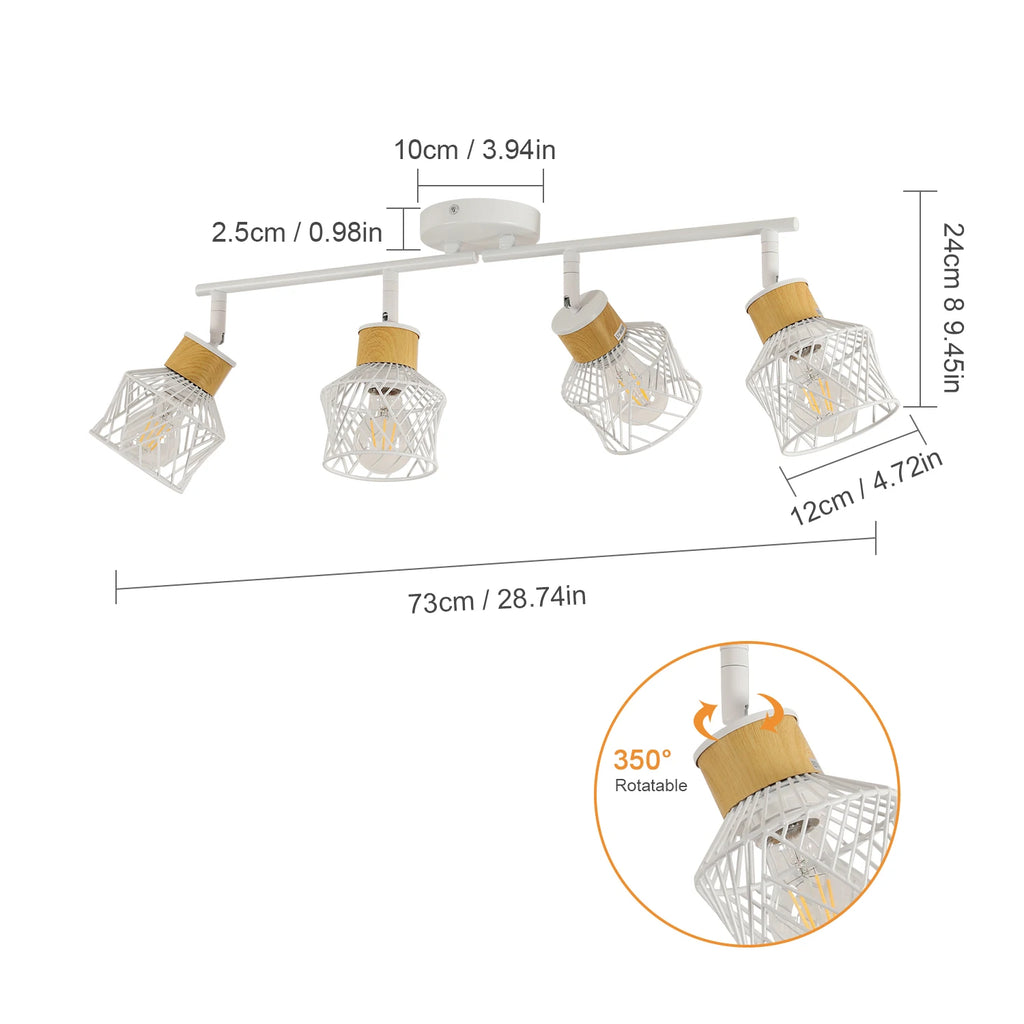4 Way Adjustable Metal Wire Cage Rotatable Ceiling Lights,E27 Base Spot Light Fittings for Bedroom（Bulb not included）