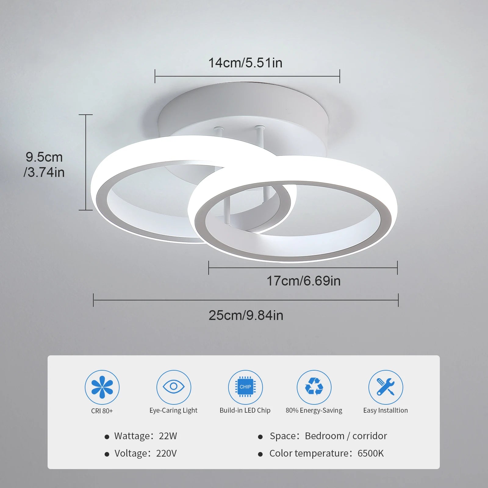 LED Ceiling Light, 2 Rings 22W Chandelier Modern Creative Design Ceiling Lamp for Corridor, Office, Bedroom