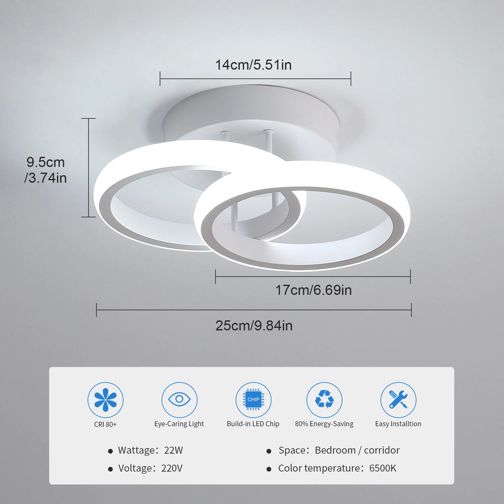 LED Ceiling Light, 2 Rings 22W Chandelier Modern Creative Design Ceiling Lamp for Corridor, Office, Bedroom