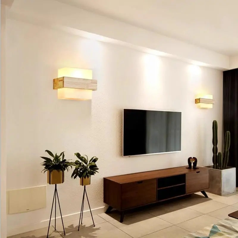 Wooden Wall Lights Indoor,Square Wall Lamps with Fabric Lampshade, E27 Wall Lighting Fixtures for Bedside Bedroom Living Room Corridor Dining Room Hallway（Bulb not included）