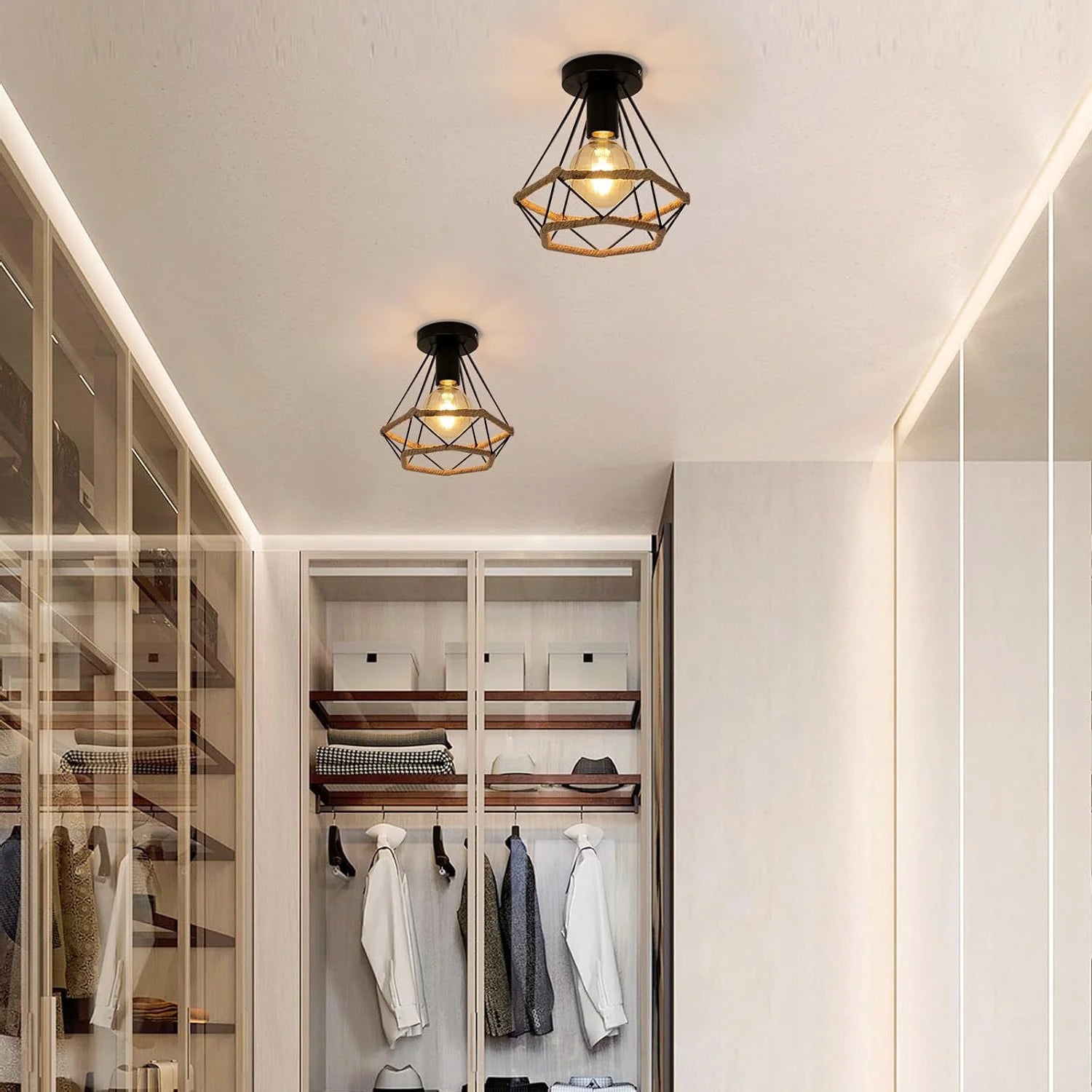Hemp Rope Pendant Lamp,E27 Base Iron Cage Ceiling Hanging Light Retro Indoor Lighting Chandelier for Home（Bulb not included）