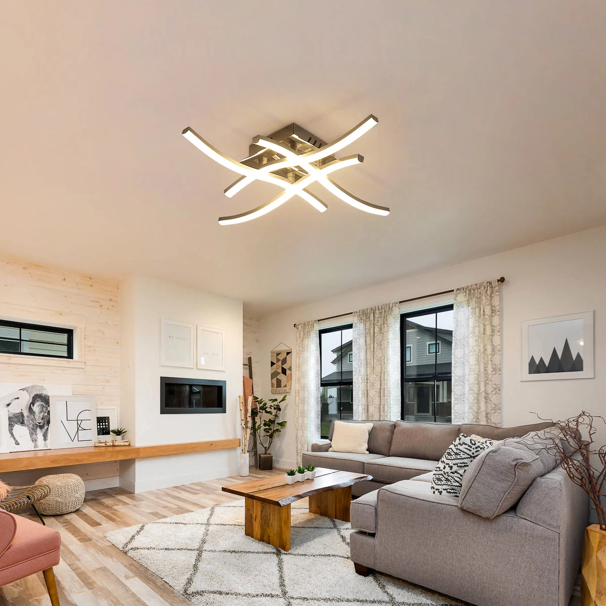 Curved Design Ceiling Lamp,24W LED Ceiling Lighting,4 Built-in LED Light Bars Warm Light 3000K For Bedroom