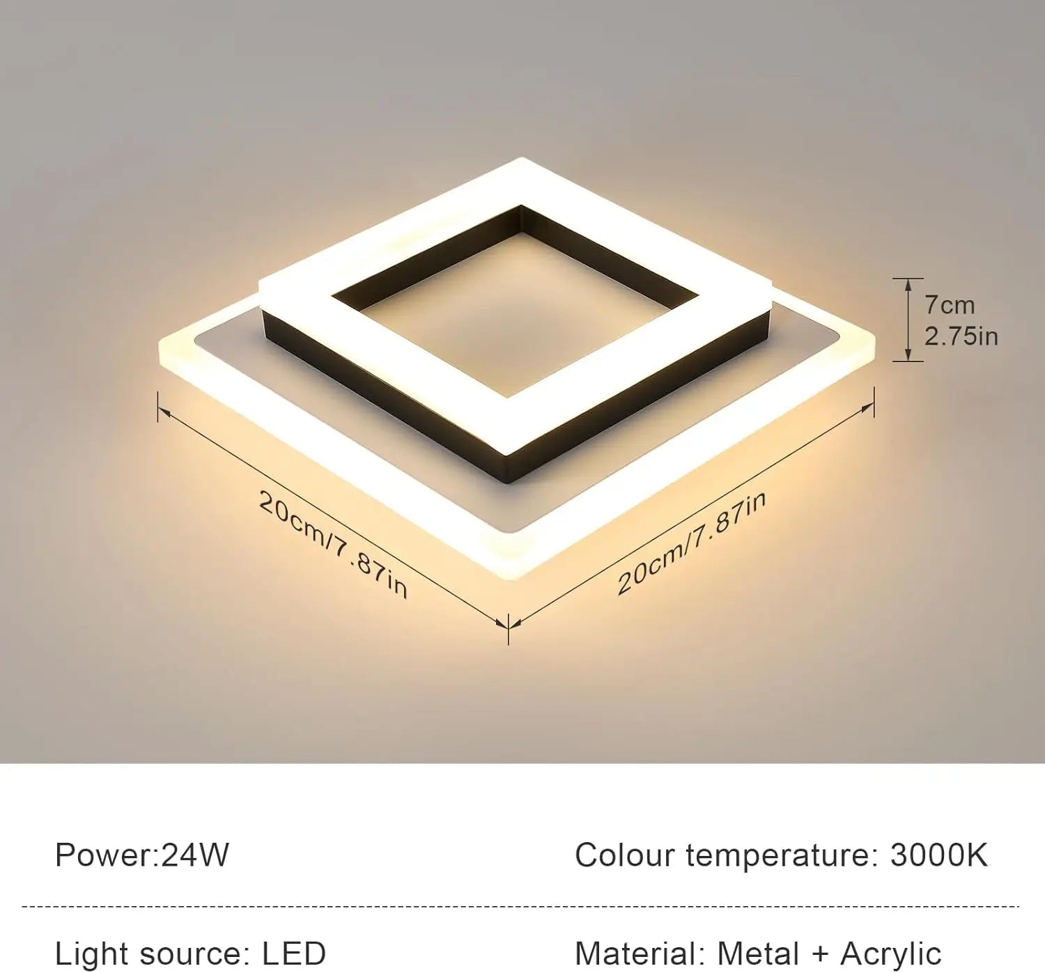 LED Ceiling Light,Square 24W 2700LM,Modern Indoor Ceiling Light for Hallway,Bedroom,Bathroom,Kitchen, Living Room,,Dia 20 cm-Non Dimmable