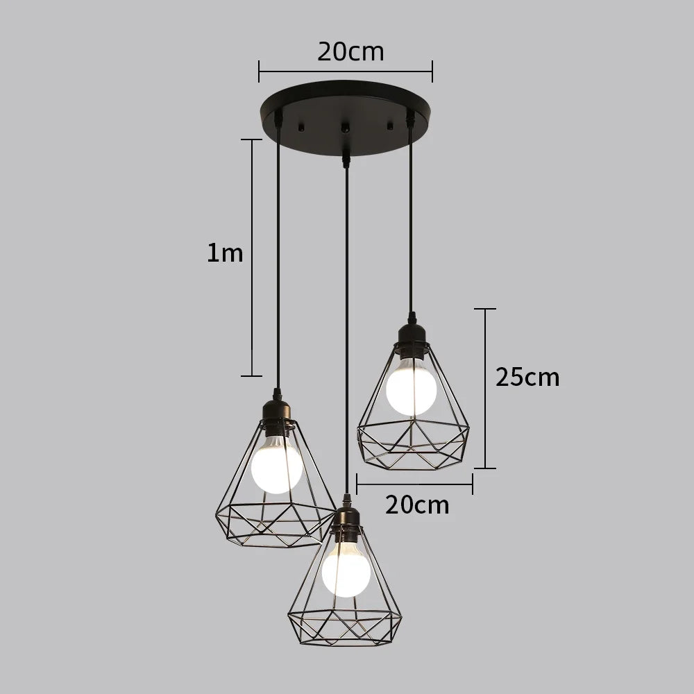 3 Head Ceiling Pendant Lights 20cm Black Wire Lampshade Diamond Cage Design E27 1m Adjustable Hanging Fixer（Bulb not included）