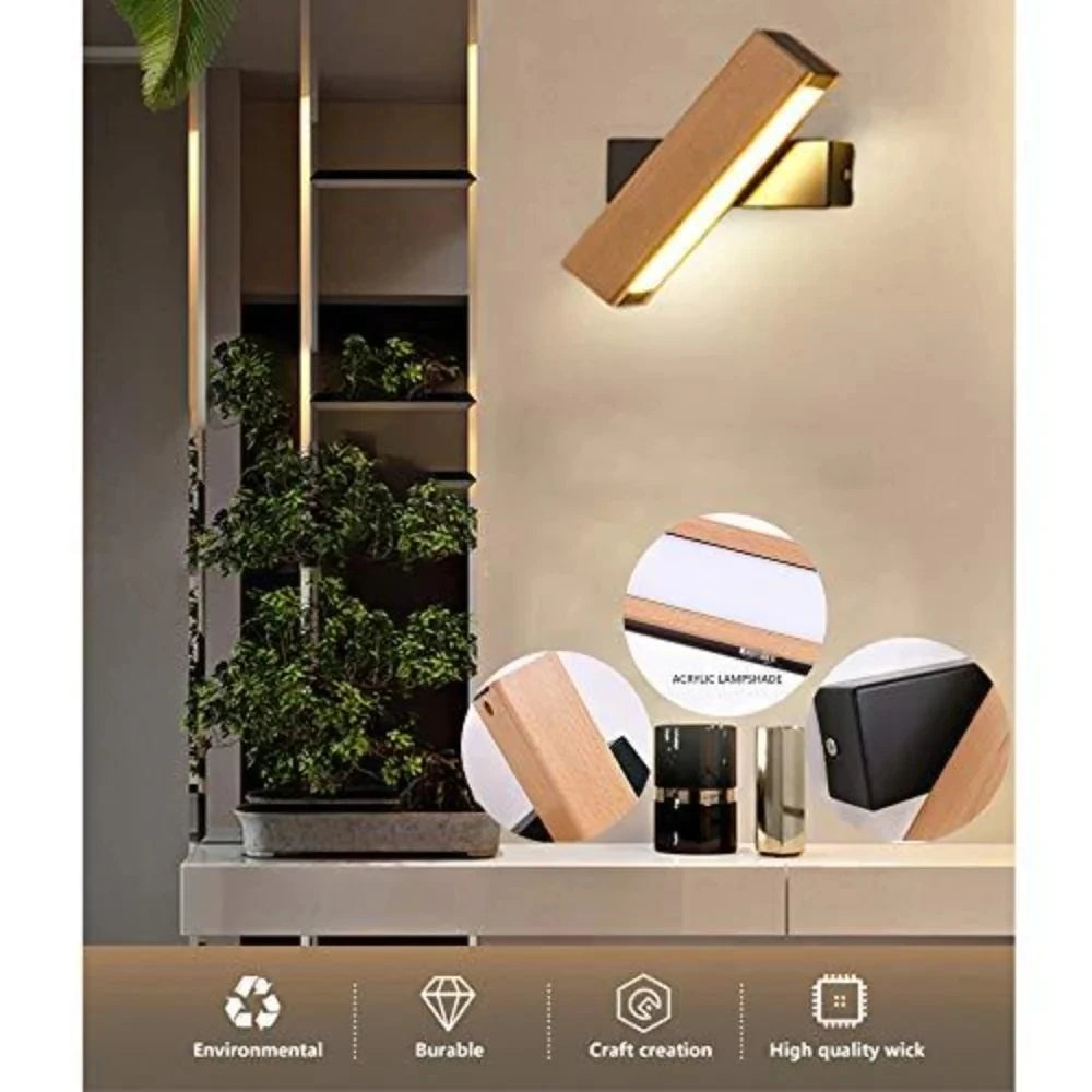 Indoor Wall Light,Modern LED Wall Lamp 360° Rotatable Bedside Lamp,Wooden Wall Sconce for Bedroom Living Room Hallway, 3000K Warm White Light