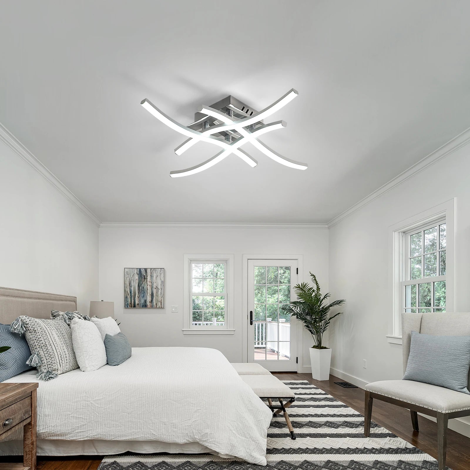 LED Ceiling Light,Curved Design Ceiling Lamp,24W 2700LM 4 Built-in Grey Light Strips,6500K Cool White Light for Bedroom