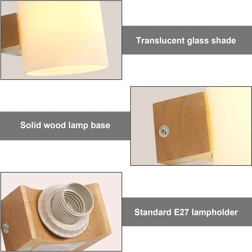 Indoor Wall Light,Wall Mounted Wooden Sconce, E27 Vintage Wall Lamp with Glass Lampshade,Wall Light For Bedroom,Hallway,Staircase,Stairs(Bulb not Included)