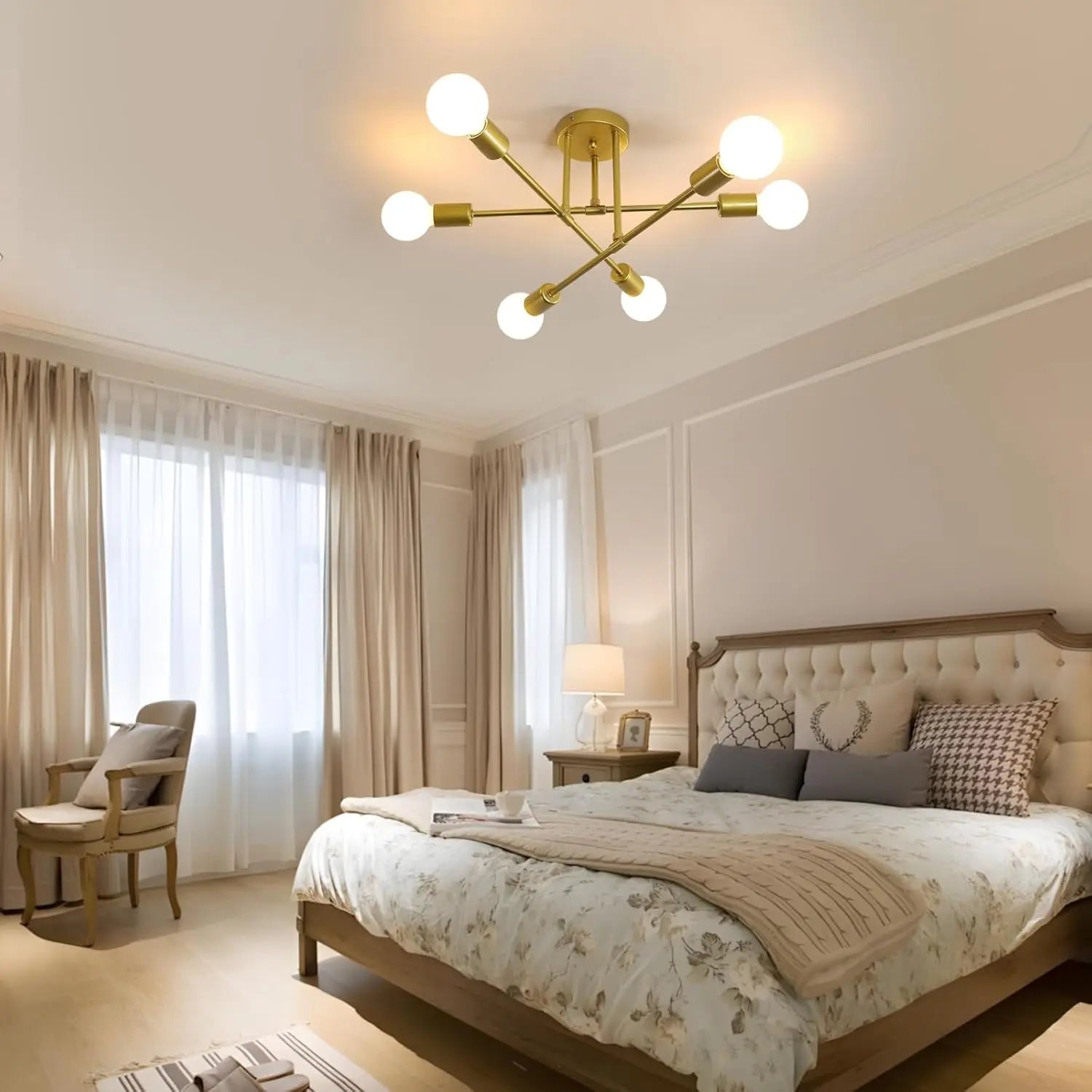 Modern Sputnik Ceiling Light,Adjustable 6-light E27 Chandelier,Vintage Industrial Pendant Mounting For Bedroom（Bulb not included