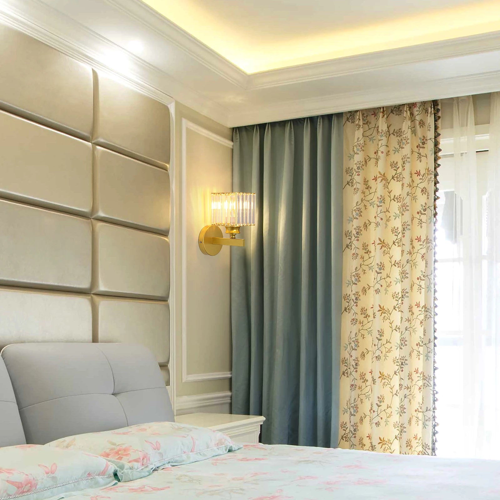 Modern Crystal Wall Sconce,E27 Golden Crystal Wall Lamp,For Bedside Bedroom Corridor Lighting（Bulb not included）