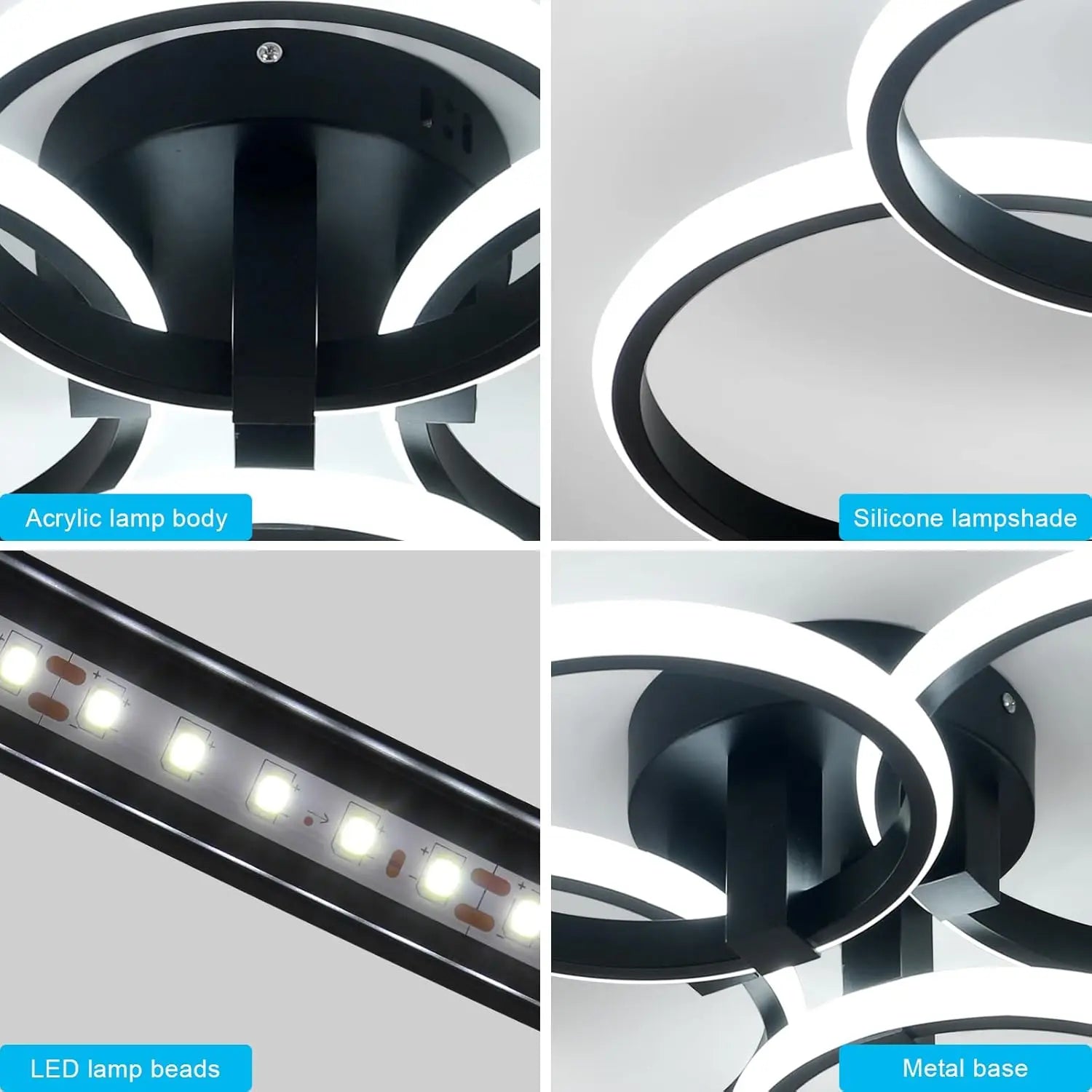 Modern LED Ceiling Light,56W 6300LM Ceiling Light 4 Round Ring Chandelier for Living Room,Cool White 6500K