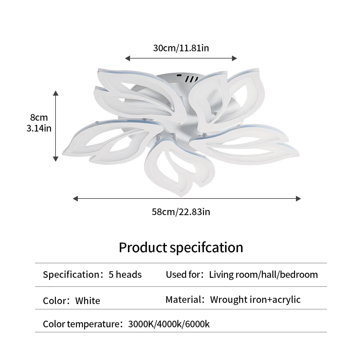 Dimmable LED Ceiling Light,Creative 5 Head Petals Design 45W 4050LM Ceiling Lamp with Remote Control 3000K-6500K