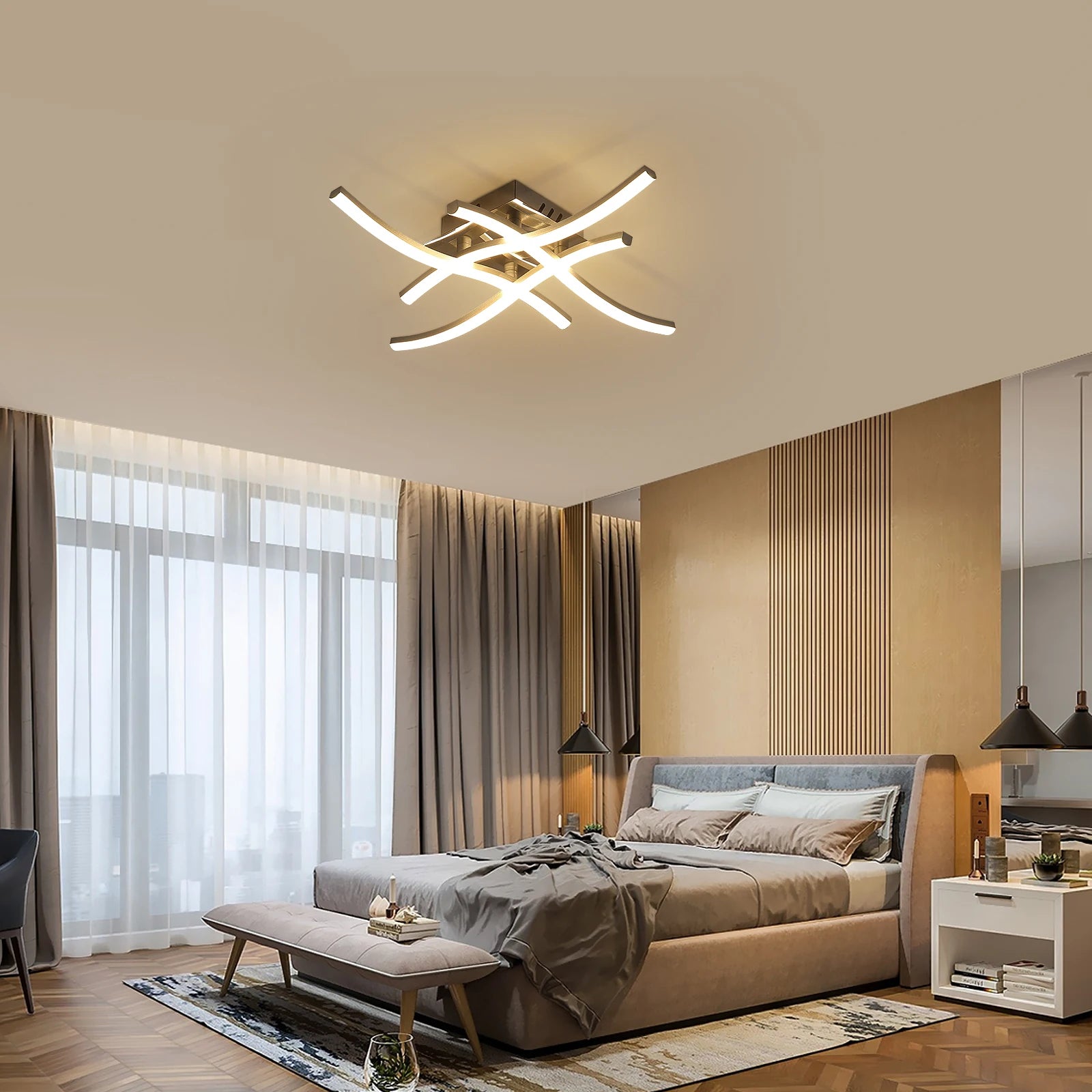 LED Ceiling Light,Curved Design Ceiling Lamp,24W LED Ceiling Lighting,4 Built-in LED Light Bars Warm Light 3000K For Bedroom