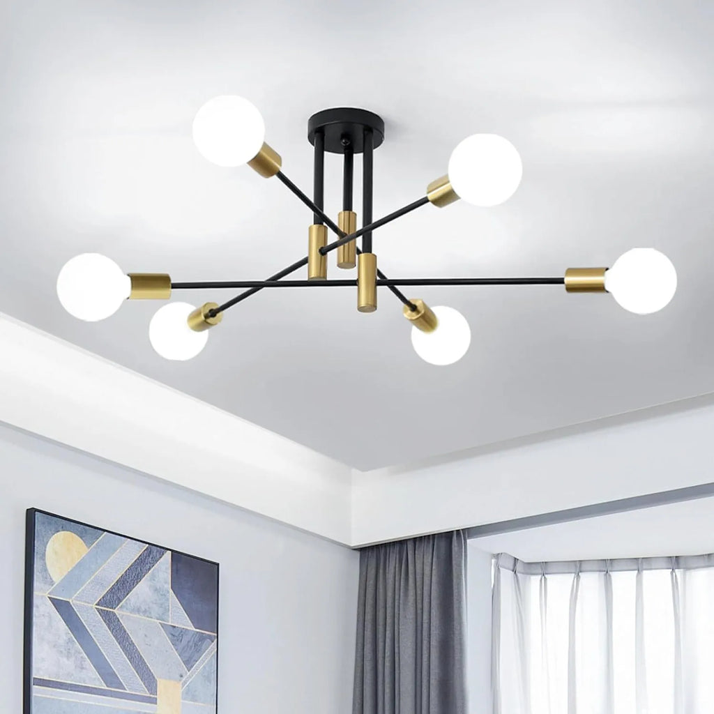 6 Light E27 Base Chandelier,Sputnik Ceiling Lamp, Semi-Flush Mount Chandelier Light Fixtures for Living Room,(Without Bulb)