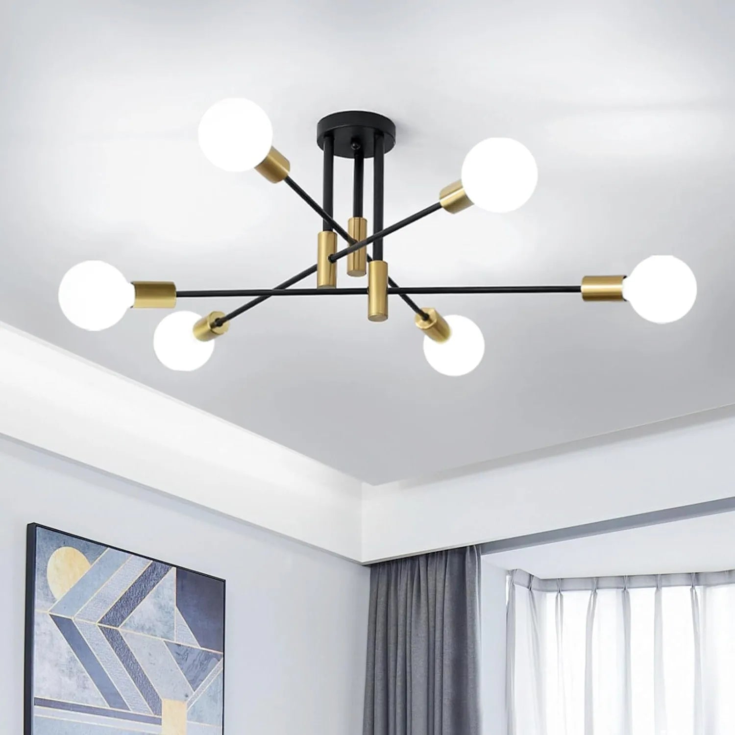 6 Light E27 Base Chandelier,Sputnik Ceiling Lamp, Semi-Flush Mount Chandelier Light Fixtures for Living Room,(Without Bulb)