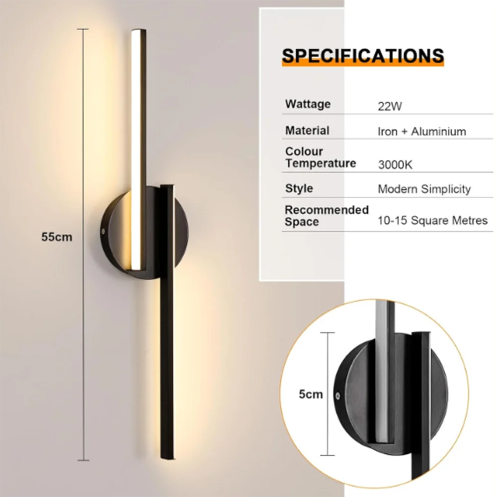 Nordic Minimalist Long Strip LED Wall Light,22W  Warm Light 3000K Black Wall Sconce for Indoor Living Room Bedroom Aisle