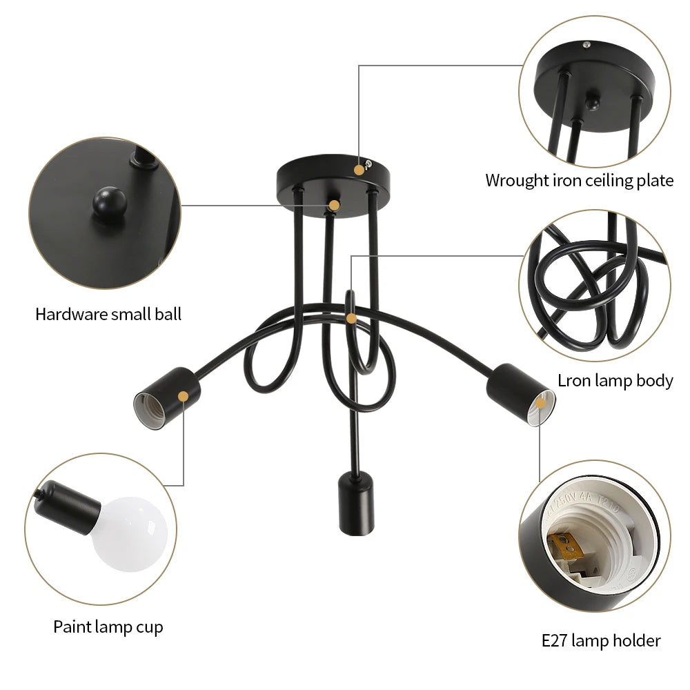 Industrial 3 Way Chandelier,Semi-Flush Mount E27 Base Metal Caged 3 Lights Ceiling Light Fixture (Bulbs not Included)