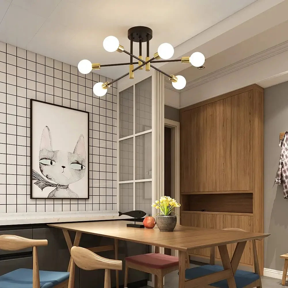 Sputnik Ceiling Light,6 Lights E27 Vintage Flush Mount,Semi-Flush Fitting Chandelier Light for Living Room（Bulb not included）