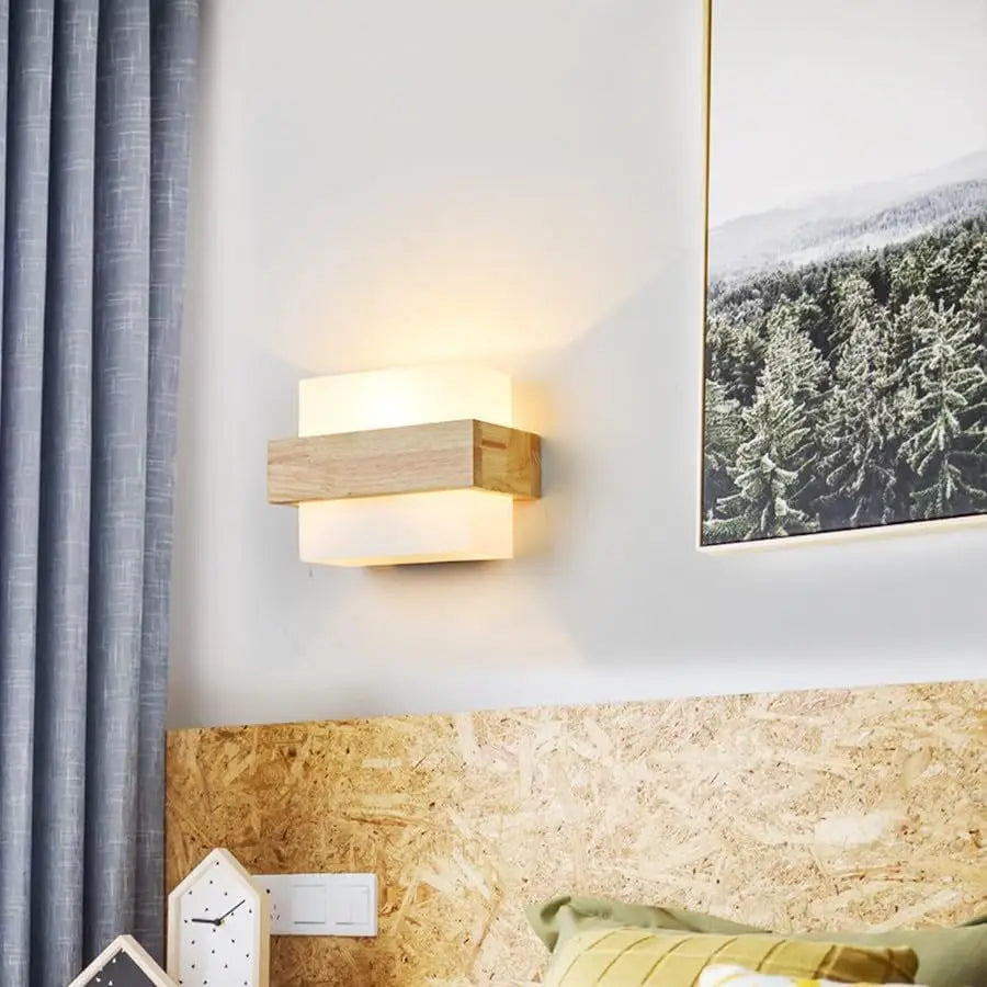 Wooden Wall Lights Indoor,Square Wall Lamps with Fabric Lampshade, E27 Wall Lighting Fixtures for Bedside Bedroom Living Room Corridor Dining Room Hallway（Bulb not included）