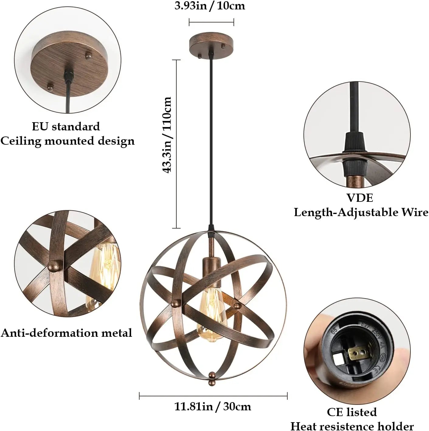 Vintage Metal Globe Chandelier,Industrial E27 Retro Pendant Light,Hanging Lamp for Dining Room,Bar(Bulb not included)