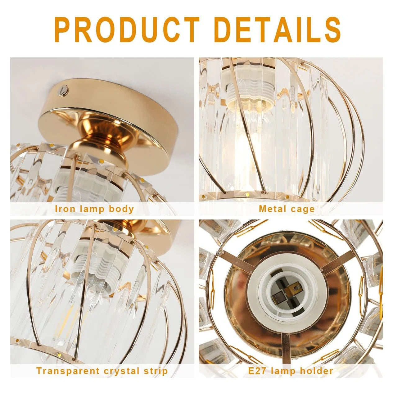 Semi Flush Mount Ceiling Light Fitting,E27 Head Crystals Ceiling Light Fixtures,For Entrance  Bedroom（Bulb not included）