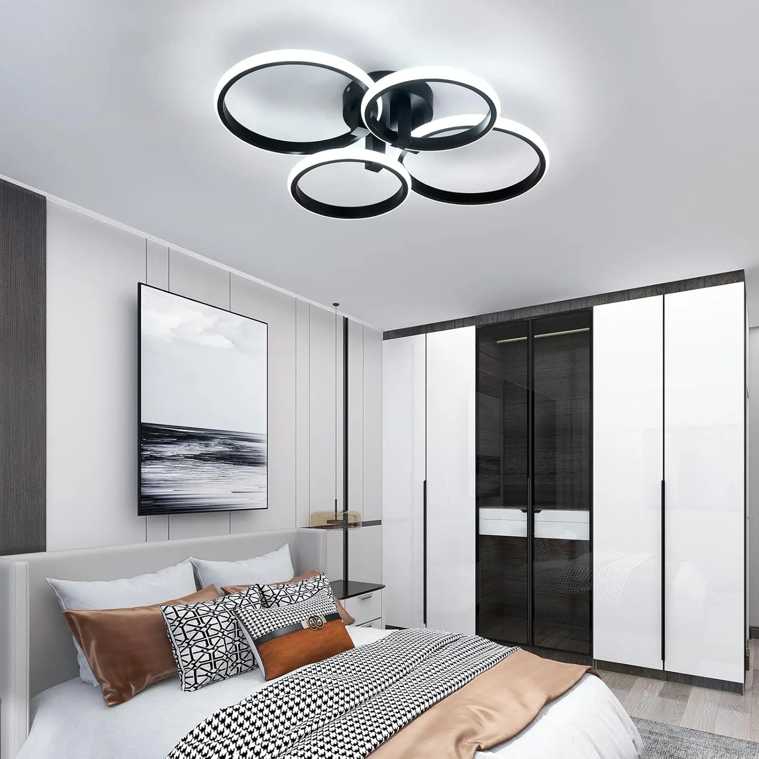 Modern LED Ceiling Light,56W 6300LM Ceiling Light 4 Round Ring Chandelier for Living Room,Cool White 6500K
