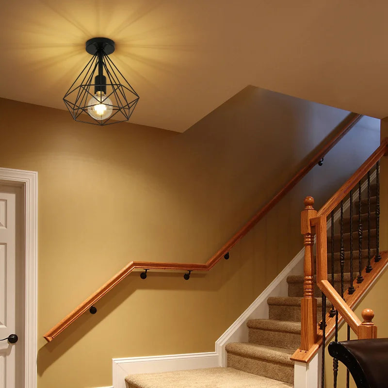 Semi Flush Mount Ceiling Light,Industrial E27 Base Diamond Cage Ceiling Light Fixtures for Hallway（Bulb not included）