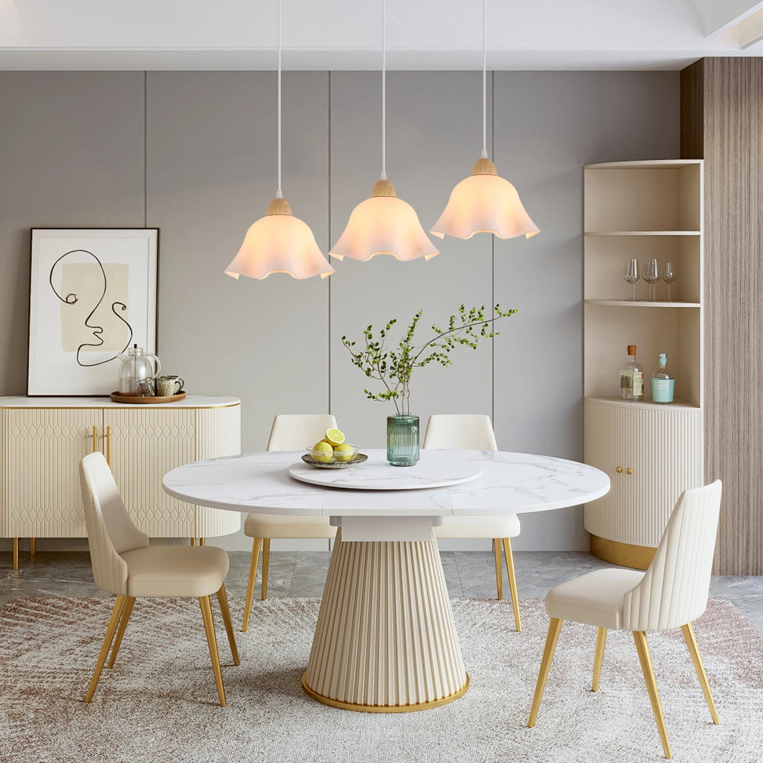 3-Head Pendant Lamps,Flower-Shaped Chandelier Retro Wooden Ceiling Light Flower Design E27 Base Lighting (Bulb not included）