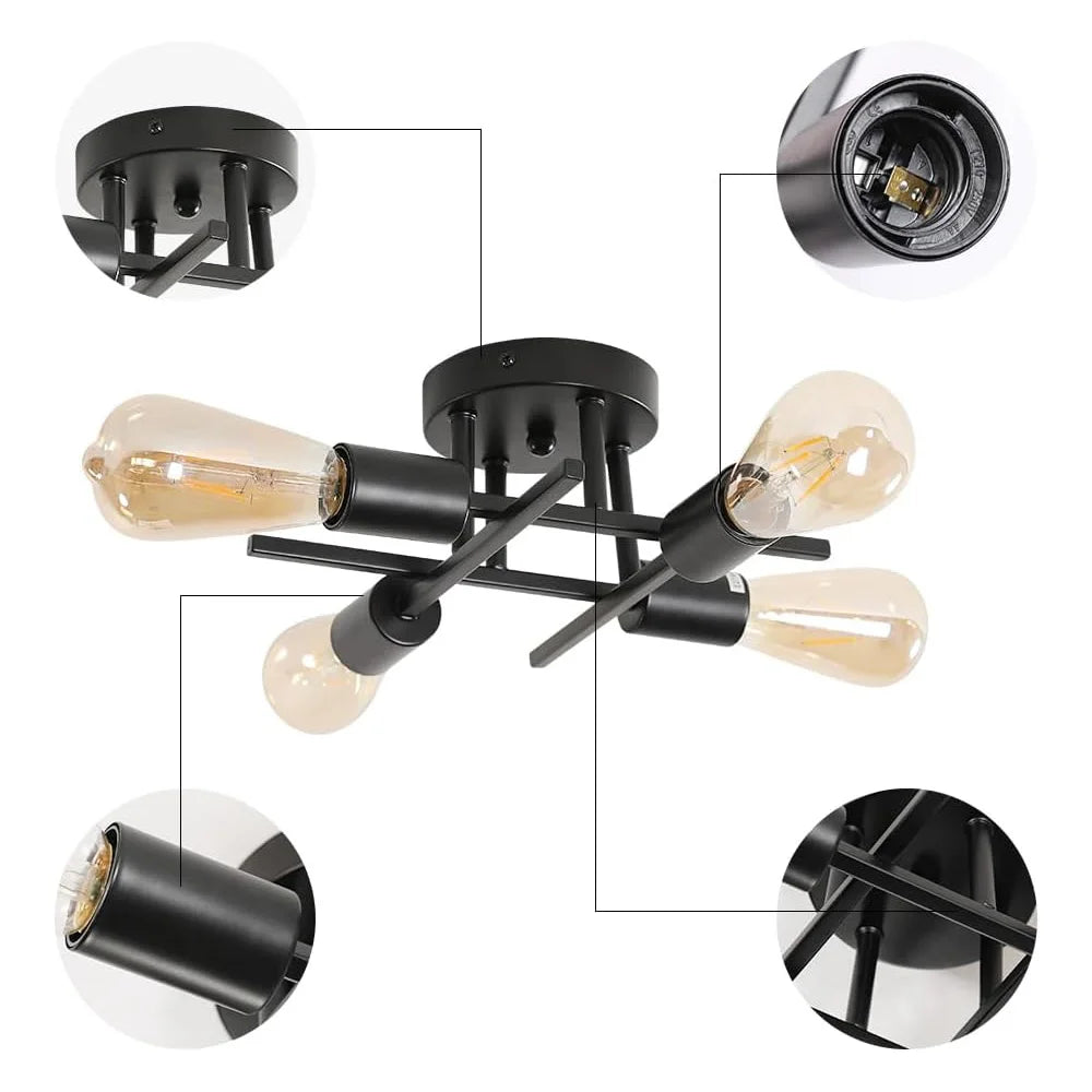 Industrial Ceiling Light,4-Light Semi Flush Mount Ceiling Lamp with E27 Sockets Chandelier for Bedroom(Bulb not included)