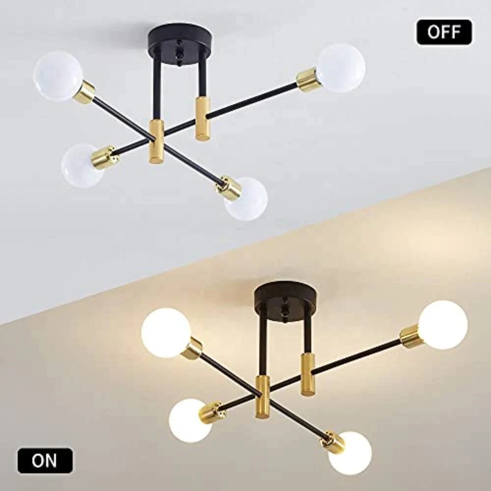 Ceiling Pendant Light, Industrial Semi built-in Ceiling 4 Lights Vintage Pendant Light E27 Black and gold Ceiling Light for Living Room Kitchen Bedroom Dining Room (Bulb Not Included)
