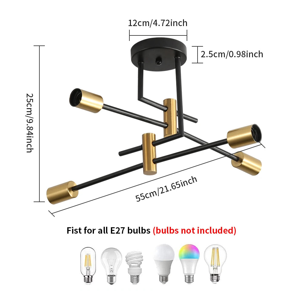 Iron Chandelier Fixture,4-Light Black and Gold Sputnik Lighting Industrial Ceiling Light for Living Room（Bulb not included）