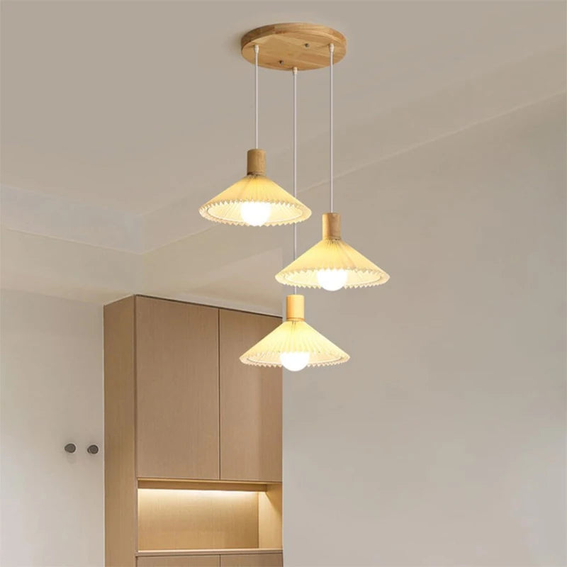 Nordic Pendant Lamp,Chandelier with Pleated Fabric and Wood,3 Lights with 1.2 m Adjustable Cable,E27 Socket（Bulb not included）