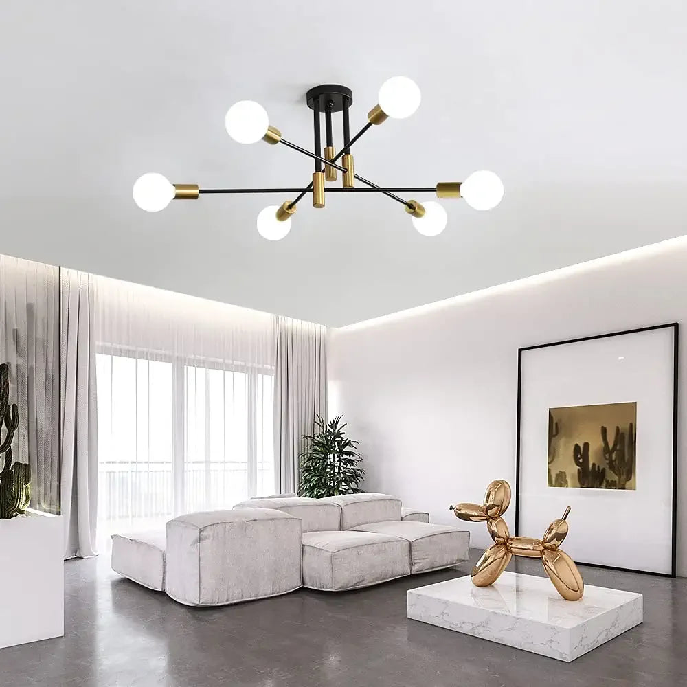 Sputnik Ceiling Light,6 Lights E27 Vintage Flush Mount,Semi-Flush Fitting Chandelier Light for Living Room（Bulb not included）