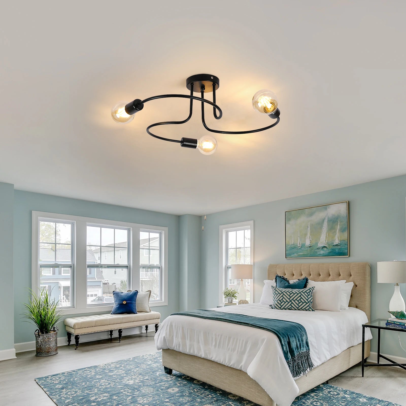 Industrial Ceiling Light,3 Way Semi-Flush Ceiling Light Metal E27 Base,Chandelier Fixture for Bedroom  (Bulbs not Included)