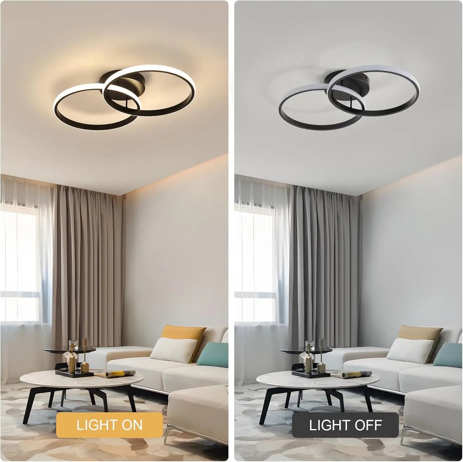 Modern 2-Ring LED Ceiling Light, 42W Neutral Light 4000K Non-Dimmable Black Flush Mount Lamp for Living Room Bedroom Home Indoor Lighting Fixture