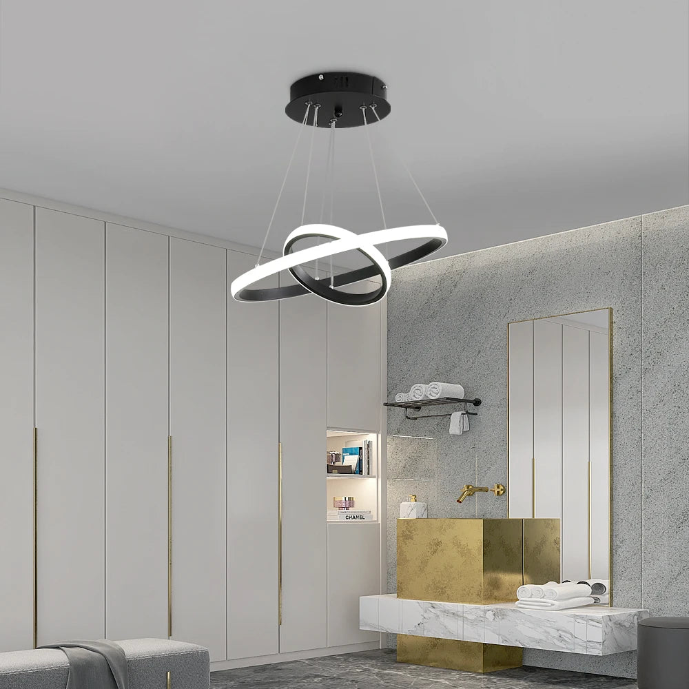 Modern LED Chandelier,30W 2700LM 2 Ring Round Hanging Foyer Pendant Light for Kitchen Island,Living Room,Cold White Light 6500K