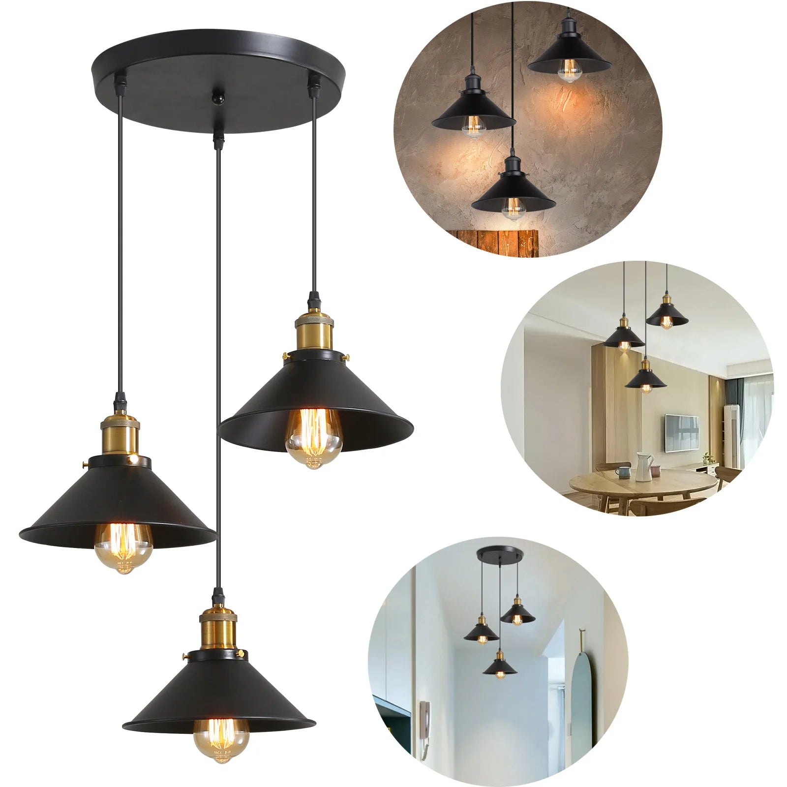 3 Heads Vintage Pendant Light,E27 Black Metal Hanging Lights,Industrial Chandelier for Dinning Room (Bulb not Included)