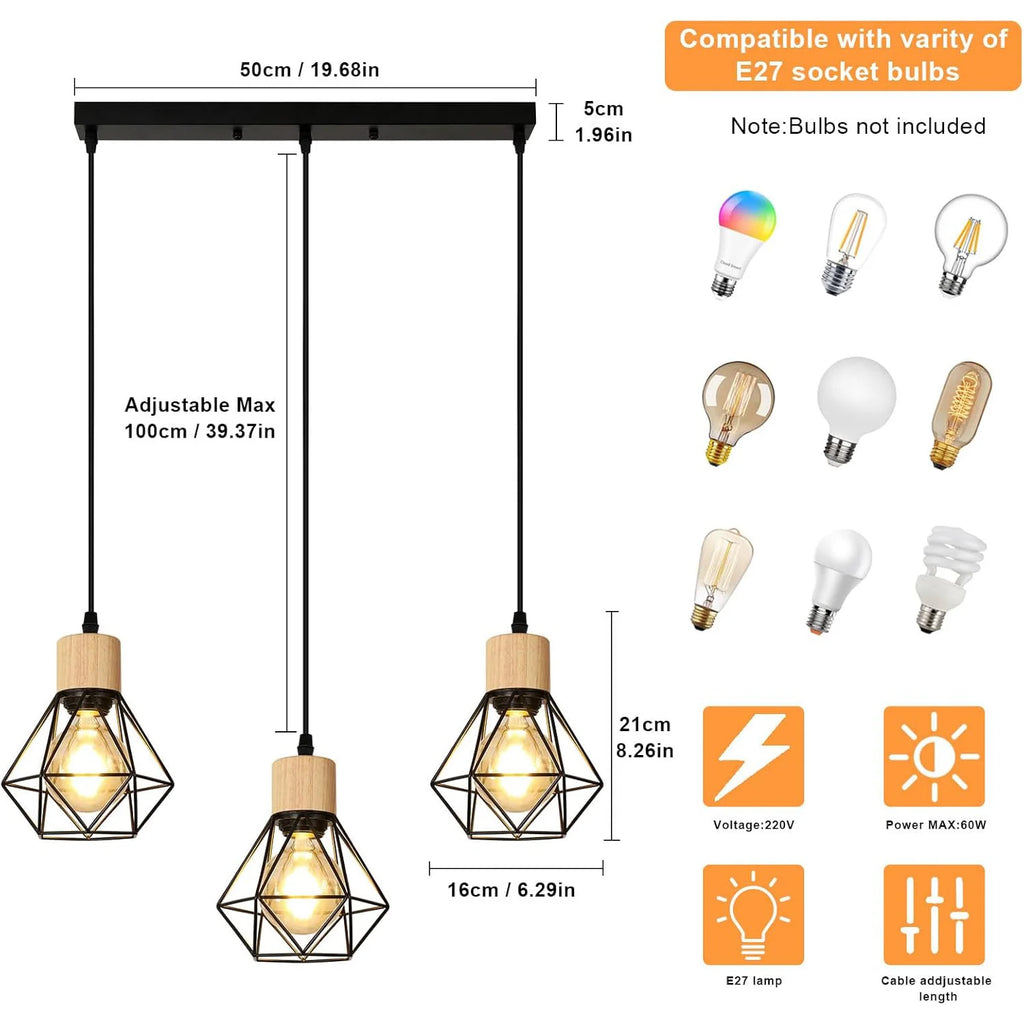 Modern Iron Chandelier,E27 3-Head Black Diamond Chandelier,Height Adjustable,Suitable for Restaurant（Bulb not included）